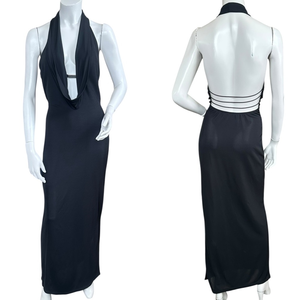 Y2K Black Deep Cowl Plunge Neck Sexy Strappy Halter Back Maxi Dress Size Large